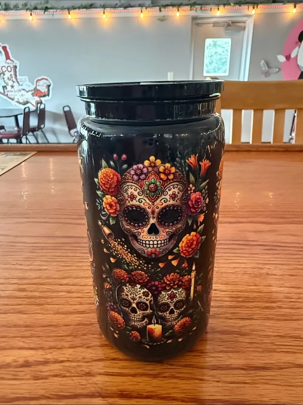Black Sugar Skull Wine Tumbler - Decorative Day of the Dead Design